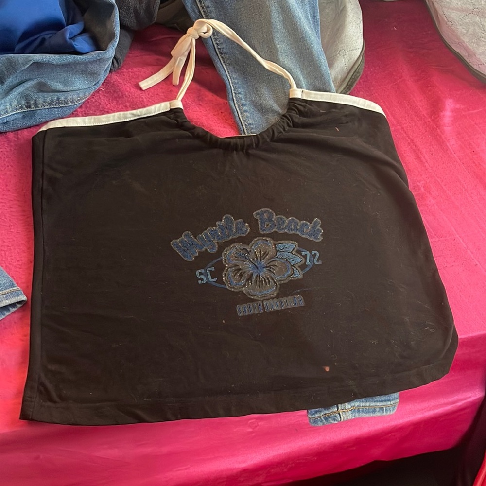 blue and black crop top with myrtle beach on the front
